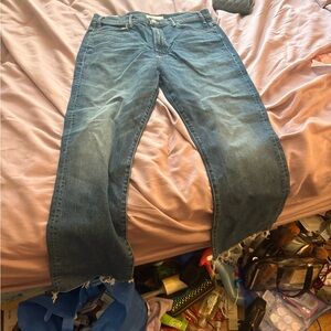MOTHER Raw-Hem Straight Leg Jeans in Medium Blue Denim